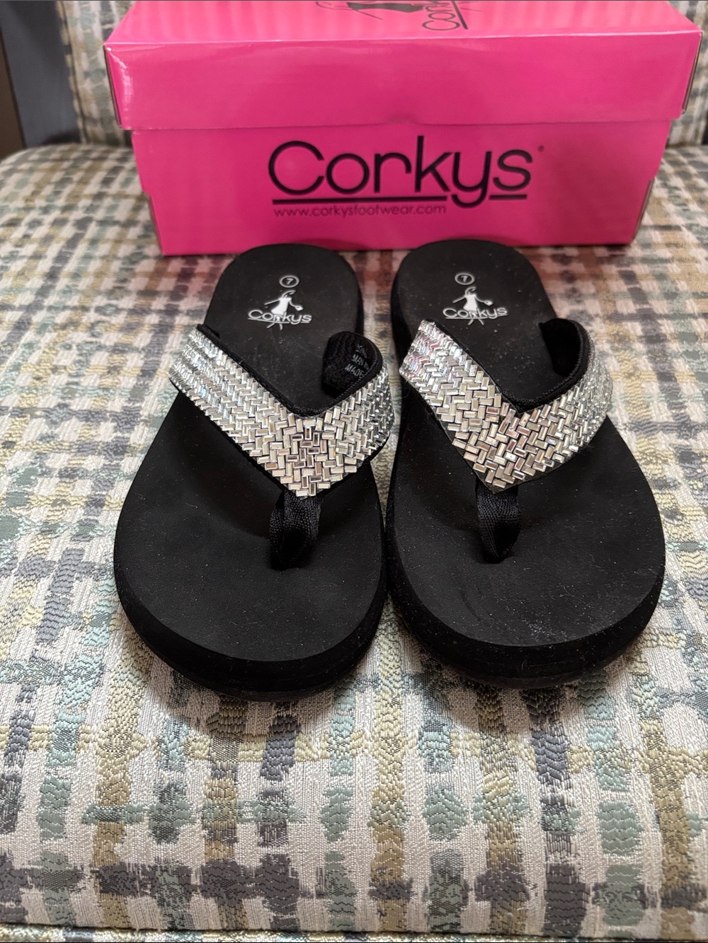 Corkys Black Flip Flop Sandals with Silver Woven Straps - Picture 3 of 5